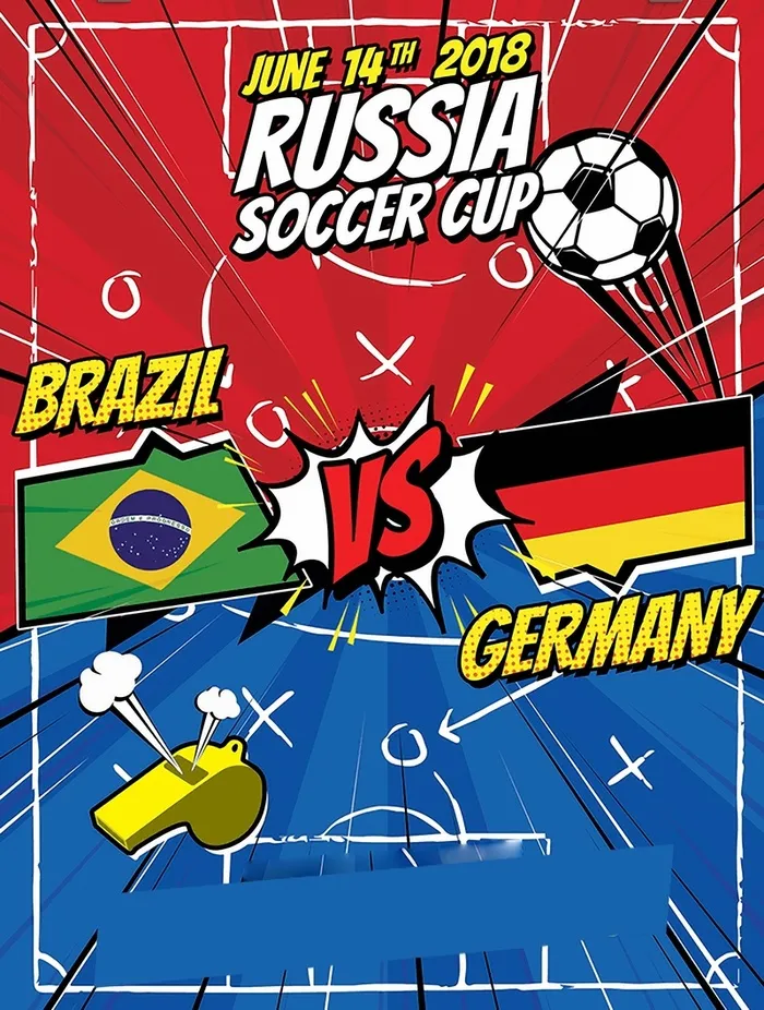 红蓝漫画样式俄罗斯世界杯足球比赛海报高清