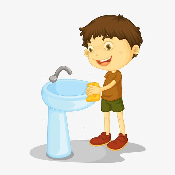 清洗洗手池的卡通男孩免抠