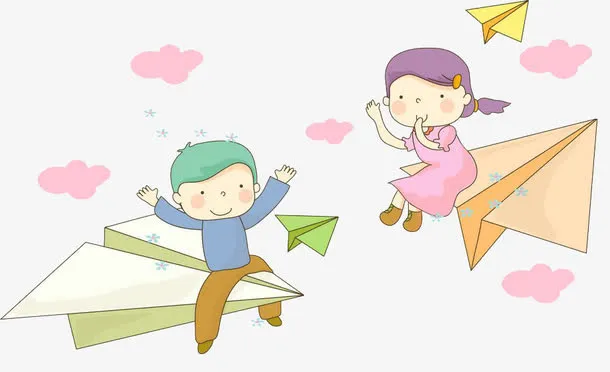 手绘卡通小朋友坐在彩色漂浮纸飞免抠