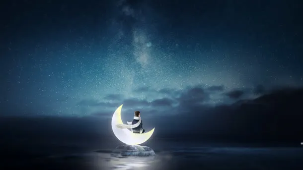 夜幕卡通湖水月亮上的男孩海报背景