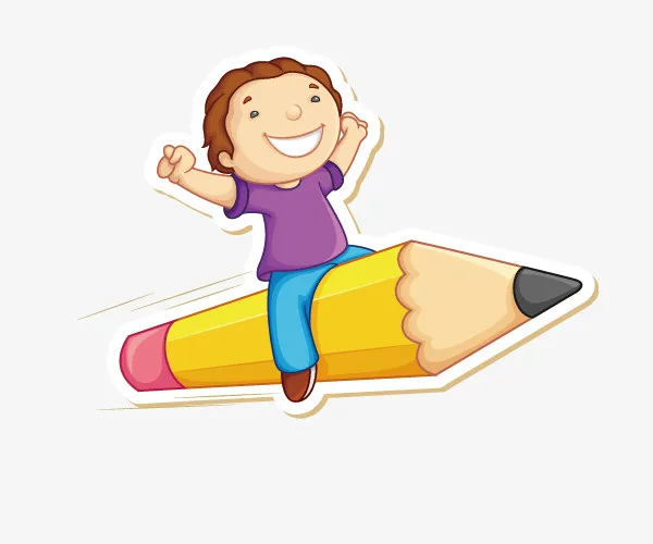 卡通手绘坐在铅笔上的孩子免抠