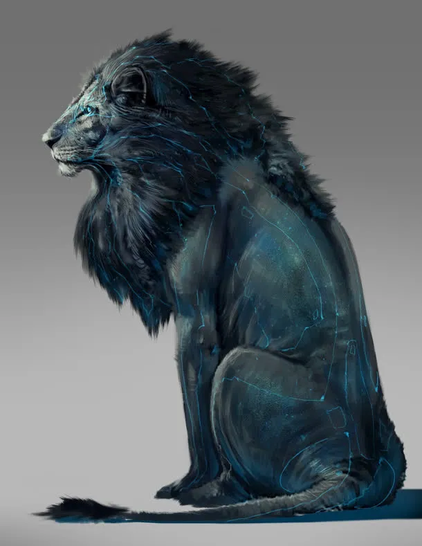 灰色背景前的青色狮子