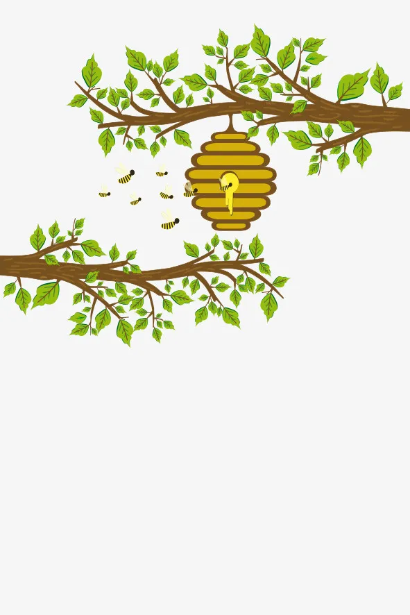 手绘插图树枝叶与蜜蜂和蜂巢免抠