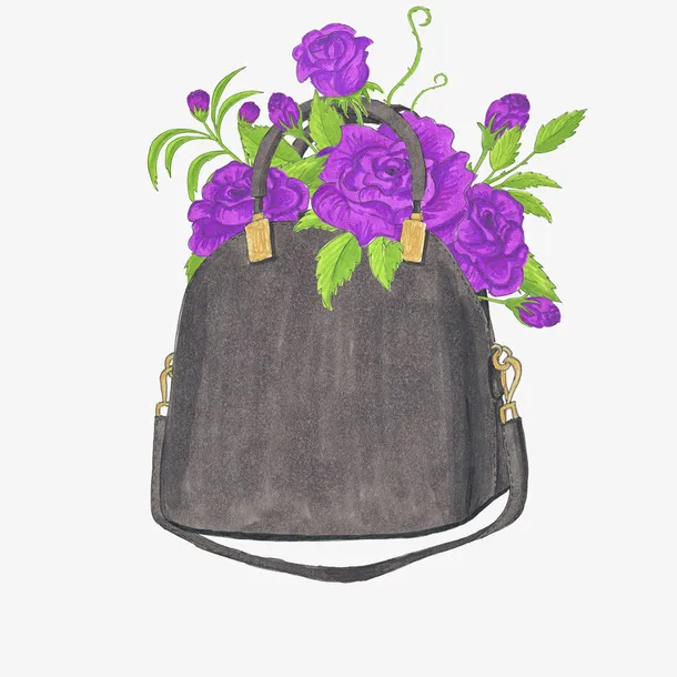 手绘书包里的花束紫色花朵免抠