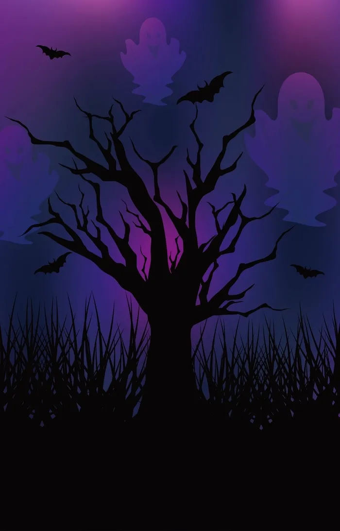 紫色树枝上的鬼怪和蝙蝠背景素材高清