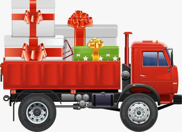 红色圣诞节礼盒卡车免抠