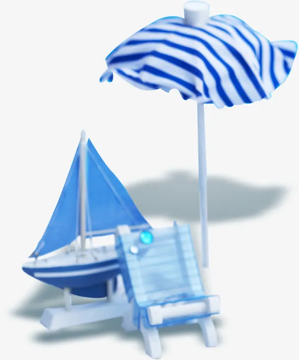 蓝色遮阳伞沙滩椅帆船卡通免抠