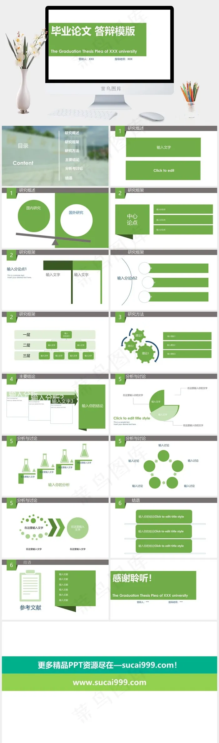 绿色简洁毕业设计PPT模板白色营销PPT模板