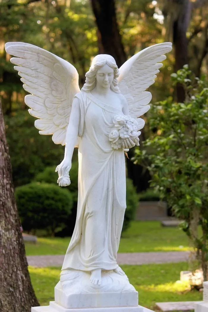 女性，天使雕像，花园，天使，翅膀，墓地，和平，坟墓