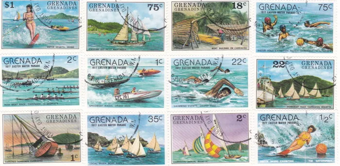 邮票、海洋、水上运动、水、自然、运动、金融、运输