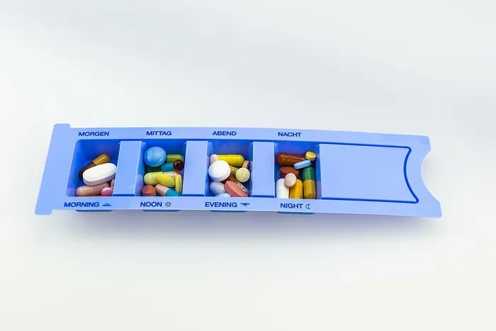 蓝色，药丸管理器，药物推手，药片，医药，药房，胶囊，药丸