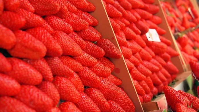 货架上的草莓，草莓，市场，公开市场，草莓，草莓，草莓，红色