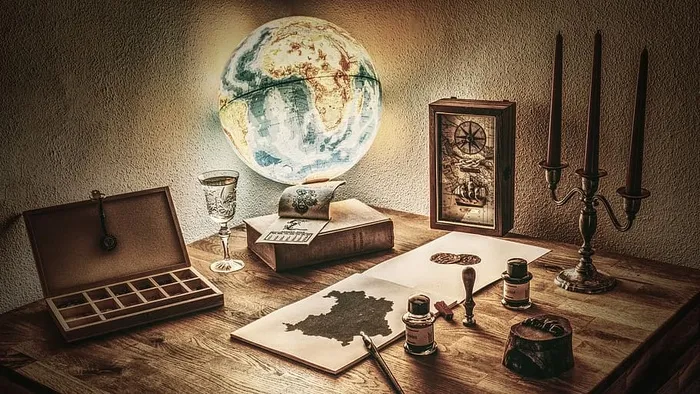桌子地球仪，旁边，书，乡村，古代，地图，地球仪，塔什印度墨水