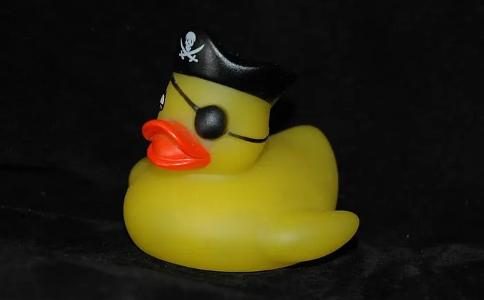 黄色，塑料鸭子玩具，戴，海盗帽，黑色，表面，橡胶鸭子，浴鸭
