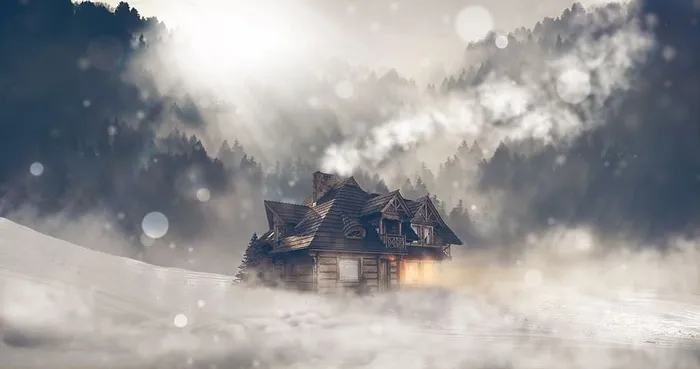 冬天，雪，房子，风景，小木屋，树木，雾，暴风雪