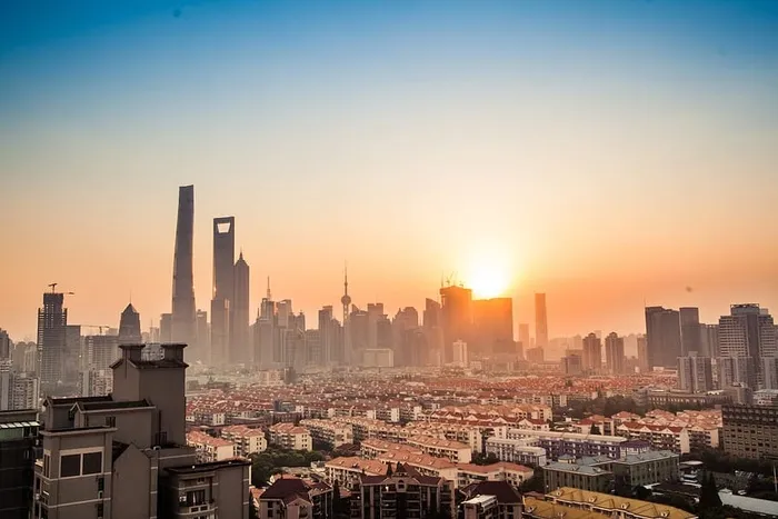 鸟瞰、景观、高层建筑、建筑、上海、高层建筑、陆家嘴、日落