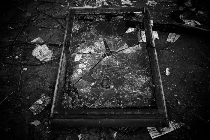 灰度照片，破碎的，玻璃，灰度，照片，破碎的玻璃，丢失的地方，工厂
