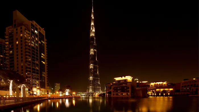哈利法塔, 迪拜, 哈利法塔, 摩天楼, 夜, 光, 镜像, 水