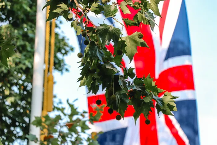 白天绿叶树附近悬挂英国国旗