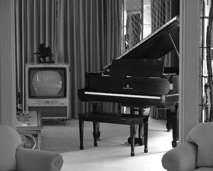 灰度摄影, 直立, 钢琴, 电视, Graceland, 猫王, 孟菲斯, 室内设计
