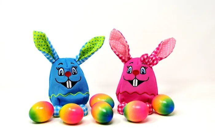 极简主义, 摄影, 二, 蓝色, 粉红色, 复活节兔子玩具, 复活节, 复活节兔子