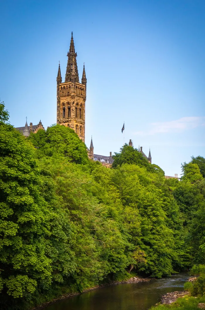 大学、格拉斯哥、蓝天、苏格兰、古代、建筑、树木、绿色