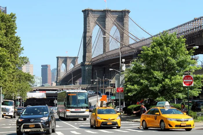 桥，出租车，出租车，出租车，布鲁克林桥，曼哈顿，布鲁克林，美国