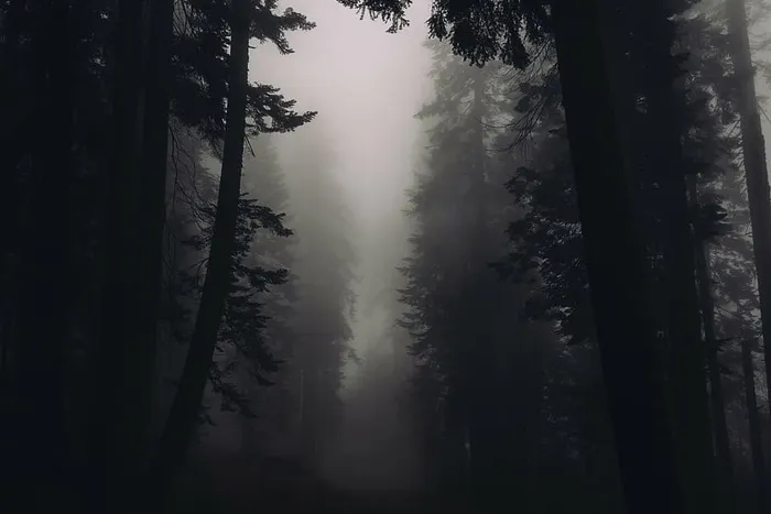 松树，覆盖，薄雾，剪影，树，雾，照片，森林
