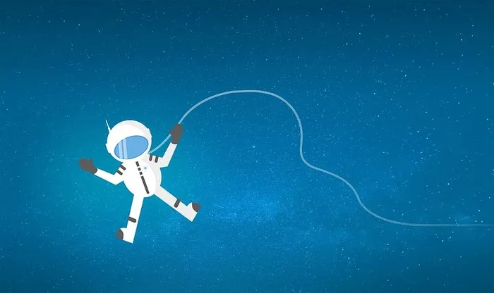 卡通宇航员在太空中漂泊和迷失