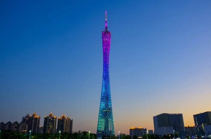 结构，摄影，紫色，蓝色，建筑，天空，广州塔，黄昏