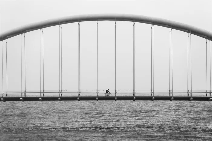 灰色吊桥，人，骑自行车，桥，灰度，照片，建筑，骑自行车