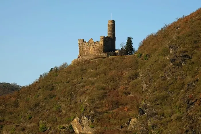灰色，石头城堡，山顶，小山，莱茵河，城堡，要塞，墙，要塞