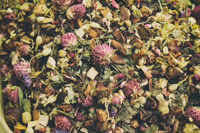 什锦花, 茶, 叶子, 混合, 喝, 健康, 草药, 干
