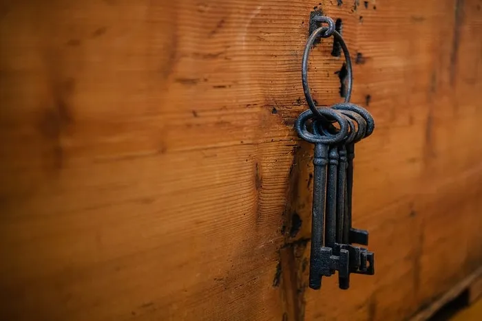 黑色骨架钥匙，木质材料，特写，安全，门，金属，无人，入口