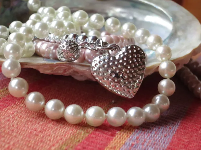珍珠，串珠，银色心形吊坠项链，灰色，贝壳，珍珠项链，珠宝，珍珠母