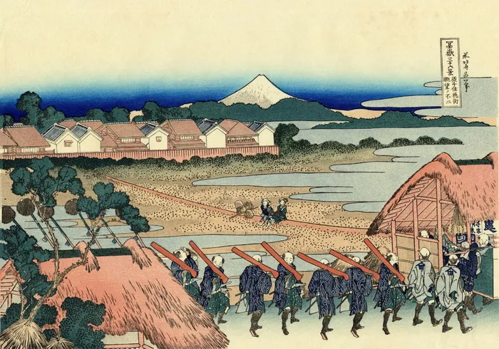 日本人，村庄，人民，农村，富士山，火山，绘画，建筑