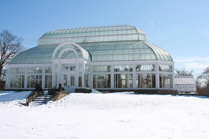 冬季，新泽西州杜克农场的兰花温室周围覆盖着积雪。