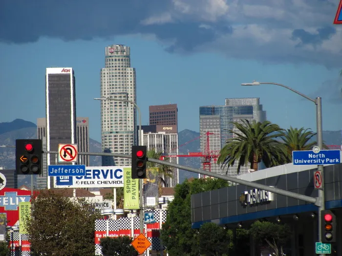 洛杉矶，天际线，日光，棕榈树，标志，市中心，市区，加利福尼亚州