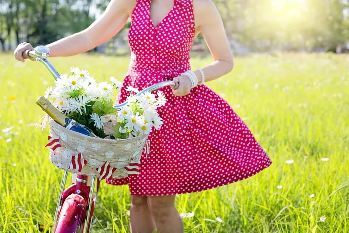 女人，抱着，灰色，城市自行车，红色自行车，红色连衣裙，夏天，自行车