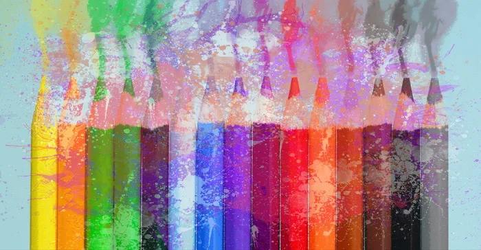 彩色铅笔画，蜡笔，颜料，喷溅，铅笔，水彩，垃圾，纹理