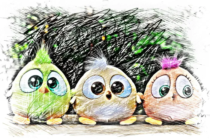 三色孵化鸟，动画，插画，鸟，小鸟，绘画，彩色