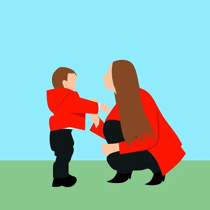 户外穿着红色外套的妇女和儿童的插图。