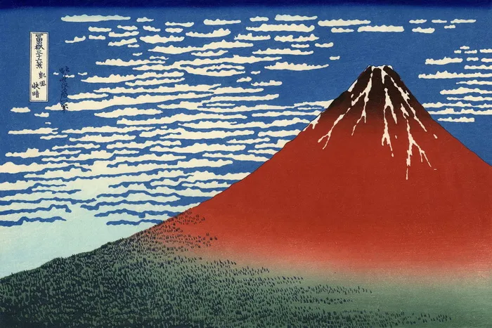 红，绿，火山插画，富士山，火山，日本，绘画，富士