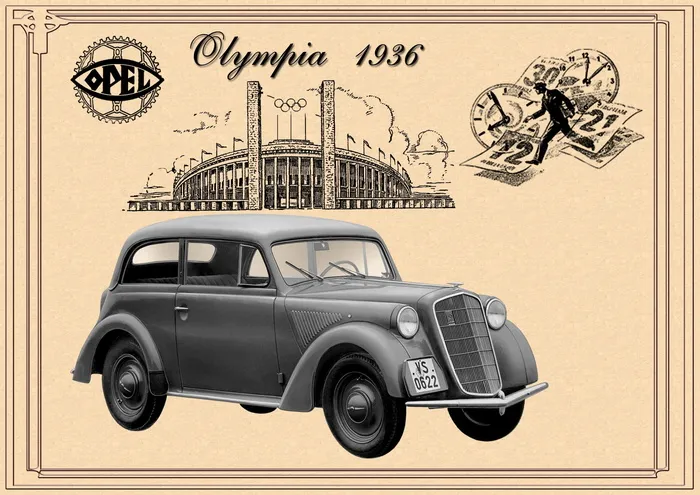 格雷，奥林匹亚1936年汽车，欧宝，奥林匹亚，1935-1937年，旧的原始广告，来自1936年的柏林报纸，最新修订