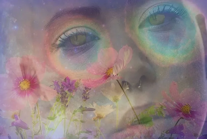 女人，猫眼，被包围，花瓣花朵，数码，壁纸，迷幻，彩虹色