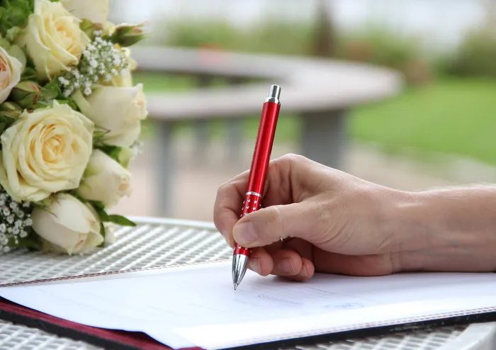 签名、手、笔、新娘、玫瑰、婚礼、花束、公文包