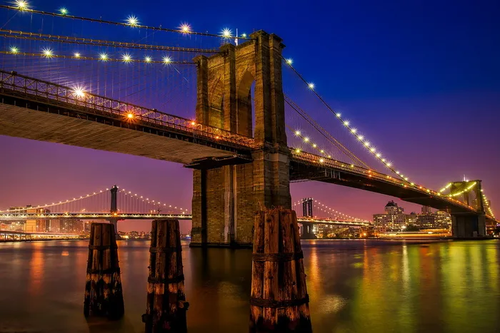 建筑，桥梁，城市，夜晚，灯光，吊桥，水，纽约市