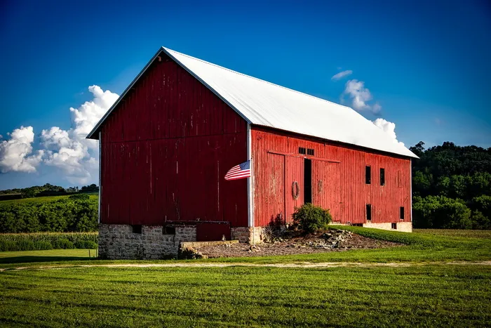 红色、白色、木制、棚屋、森林、白天、爱荷华州、红色谷仓