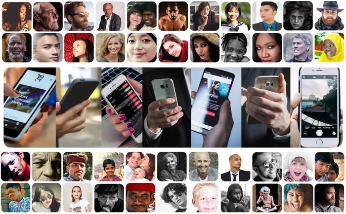 个人，手持，银色iphone 6拼贴，个人，网络，智能手机，手，照片蒙太奇