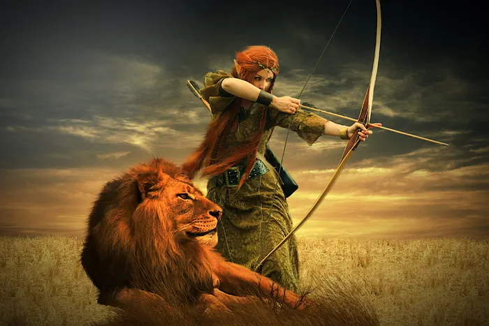 狮子、战士、女人、女主人公、幻想、箭、射箭、天空